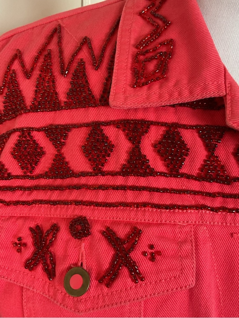 Vintage Carole Little Sport Beaded Denim Jacket Coral Pink Western Petite 2 - Picture 3 of 8
